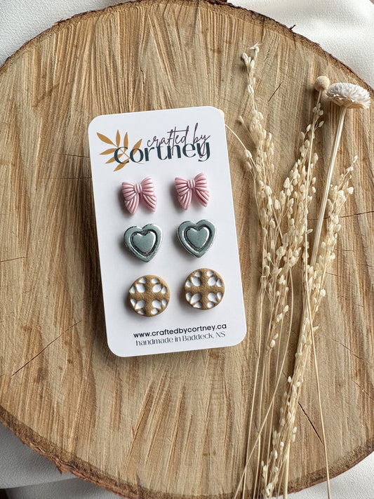 Bow & Heart Stud Trio