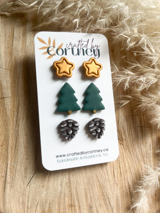 Star / Tree / Pinecone Stud Trio