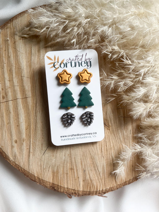 Star / Tree / Pinecone Stud Trio